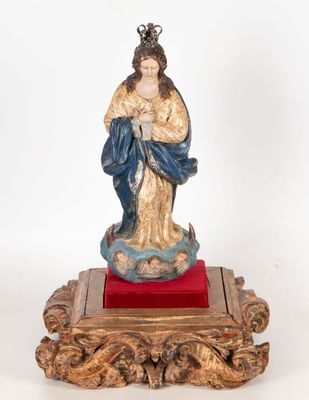 Vierge immaculée en terre cuite avec couronne d'argent, écol…