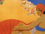 a vintage poster of a woman sitting on a beach chair