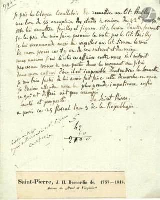 Bernardin de SAINT-PIERRE (1737-1814). L.A.S., Paris 25 flor…