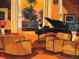 tableau représentant un salon avec un piano à queue et des chaises jaunes