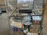a metal cart with a sign on it in a warehouse