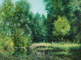 painting of a painting of a river with trees in the background