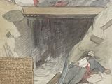 a drawing of a man laying on the ground in a cave