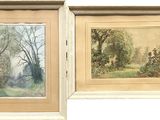 two paintings of trees and bushes are shown in a white frame