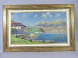 tableau représentant une maison au bord d'un lac, avec des montagnes en arrière-plan