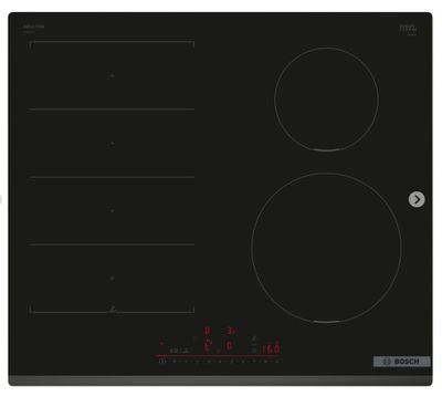 une table de cuisson à induction noire avec trois brûleurs sur fond blanc