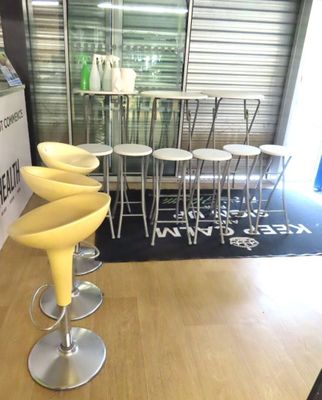 three yellow stools sitting in front of a counter