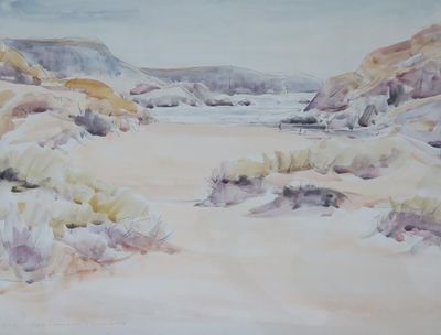 une aquarelle représentant un paysage désertique parsemé de rochers