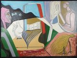 un tableau représentant une femme en train de lire un livre et un oiseau
