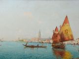 a painting of boats on the water with a city in the background