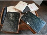 several books are stacked on top of each other on a table
