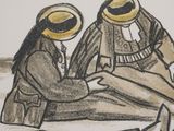 a drawing of a man and a woman sitting on a bench