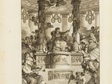 an old black and white drawing of a group of people in a room