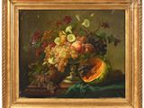 painting of a still life of fruit and flowers on a table