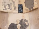 three pictures of a man in a suit and a man in a top hat on a table