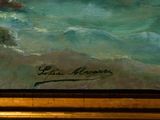 an image of a painting of a boat in the ocean on a beach