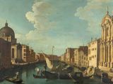 painting of a view of a canal with gondolas and a church