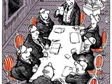 dessin représentant un groupe de personnes assises autour d'une table dans une pièce