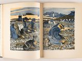 two pages of a book with a painting of people working in a field