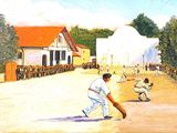 a painting of a baseball game being played on the field
