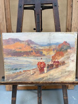 tableau représentant une calèche posée sur un chevalet devant un mur en bois