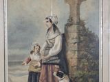 painting of a woman with two children and a dog by a cross