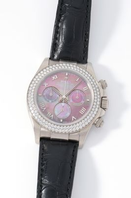 an image of a wrist watch with a pink dial and black leather strap