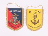 two pennants of different colors and sizes are hanging on a wall