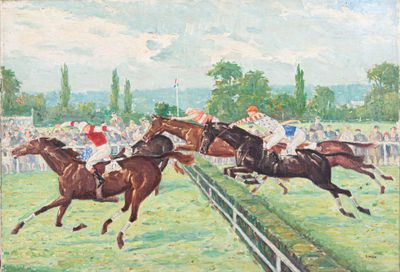 painting of a group of jockeys and horses racing on a track