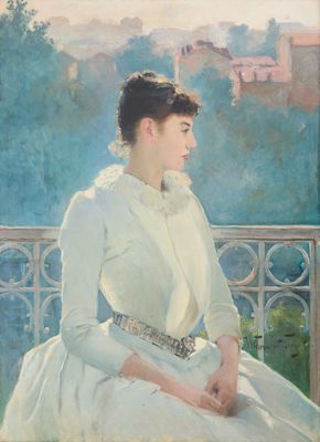 painting of a woman in a white dress sitting on a balcony