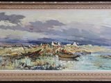une peinture à l'huile représentant un bateau dans un plan d'eau