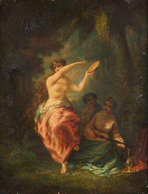 un tableau représentant une femme qui danse dans une forêt en compagnie de deux autres femmes