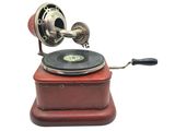 an old record player on a wooden stand with a white background