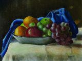 a painting of a bowl of fruit on a table