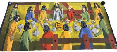 tableau représentant un grand groupe de personnes assises autour d'une table