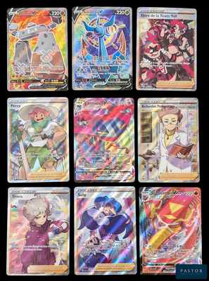 Plusieurs cartes Pokémon différentes sont représentées sur un fond noir.