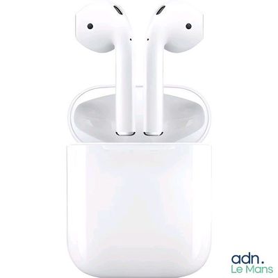 apple airpods with wireless charging case on white background with adh logo