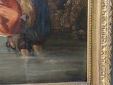 a picture of a painting of a woman and a dog