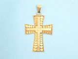 a gold cross pendant on a blue background