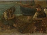 tableau représentant un couple assis sur une plage au bord d'un plan d'eau