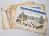 three old postcards with a picture of a castle in the background
