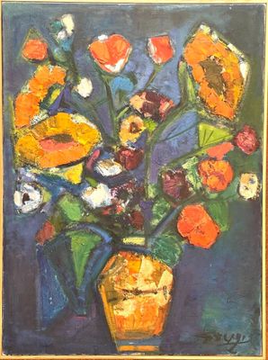 painting of a vase of flowers on a table with a blue background