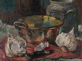 une peinture représentant un bol d'ail et un couteau posés sur une table