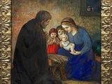 an image of a painting of a man holding a baby in a manger