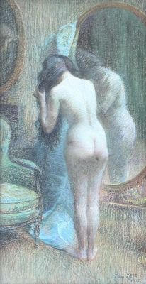 a painting of a nude woman standing in front of a mirror