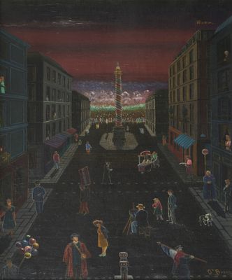 painting of a street scene with a clock tower in the distance and people walking down the street