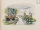 une aquarelle représentant un petit village au bord d'une rivière