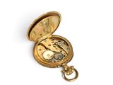 a gold pocket watch with a chain on a white surface