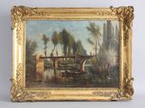 an oil painting of a bridge over a river with a boat in the water