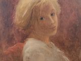 une peinture à l'huile représentant une petite fille aux cheveux blonds, vêtue d'une chemise blanche